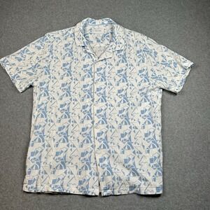 Porter & Ash Linen Blend‎ Geometric Print Camp Shirt Mens L Blue White